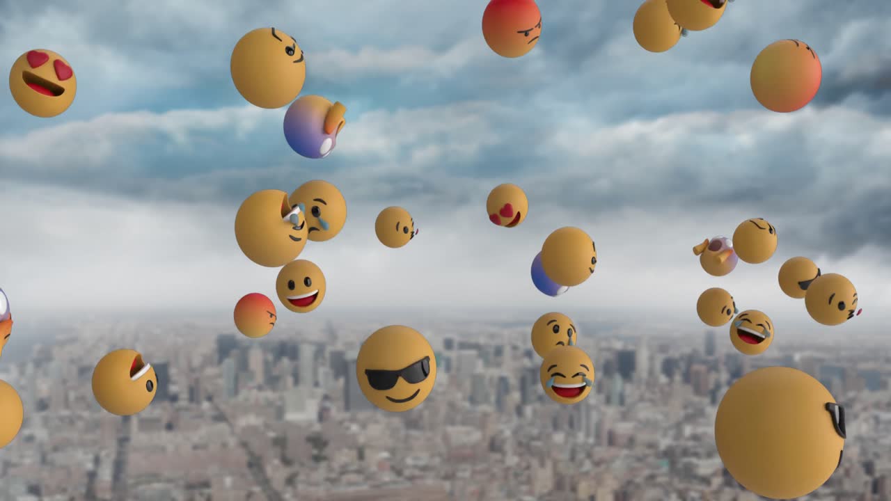iconos emoji volando sobre el paisaje urbano 4k