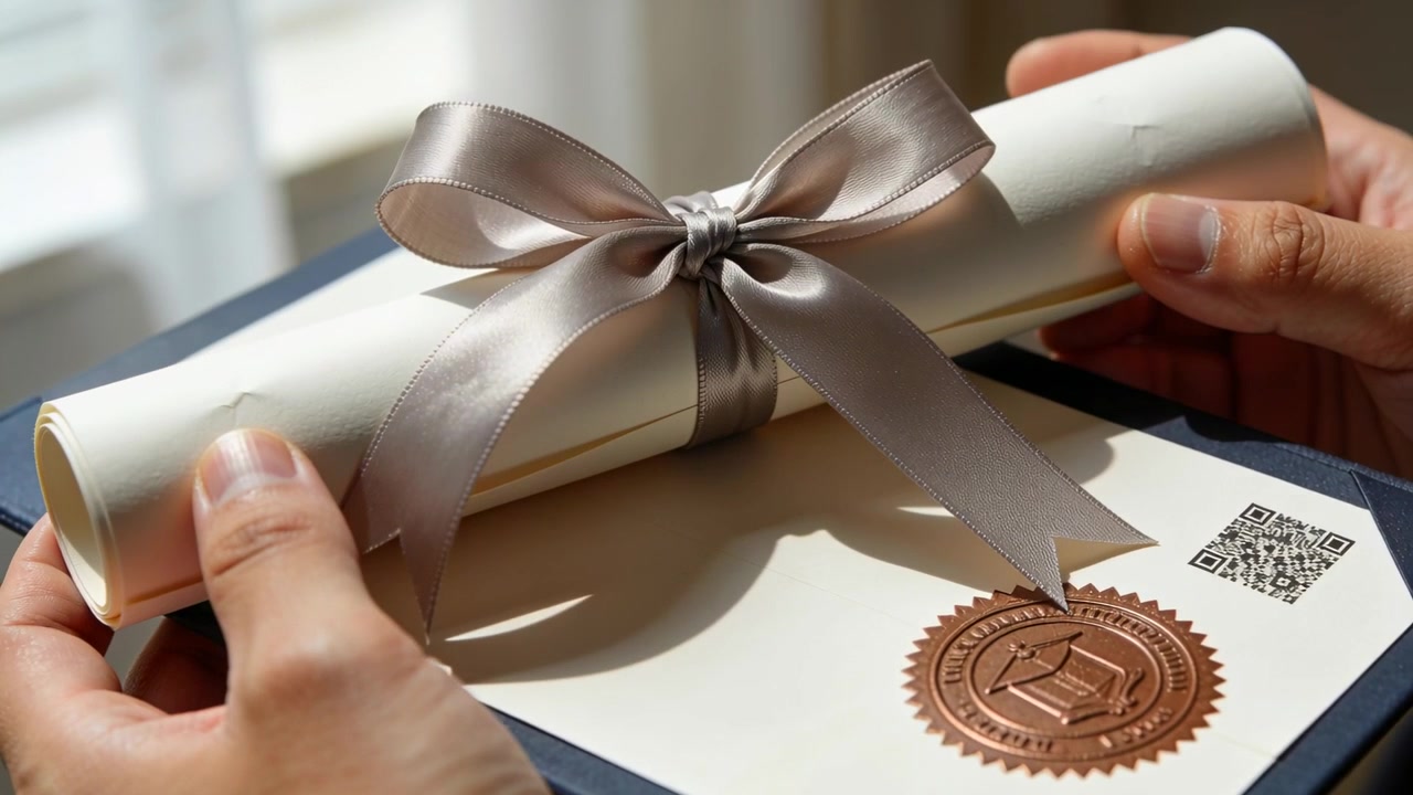 Hands picking up rolled diploma on table by window smoothing silver ribbon for presentation QR