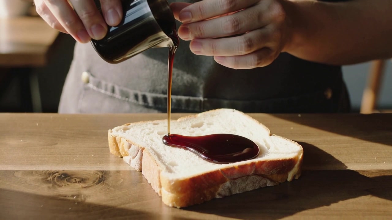 Pouring dark apron cook tilting steel pitcher at counter, coating white bread slice with syrup