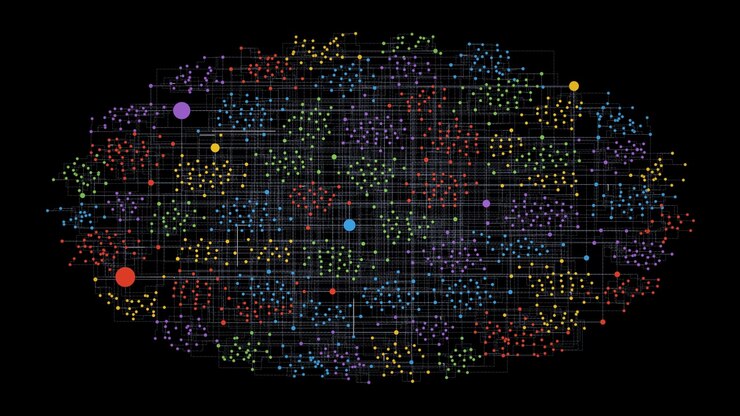 Vibrant multicolored dots connecting, abstract AI neural network or machine learning processes with glowing light streaks transferring data