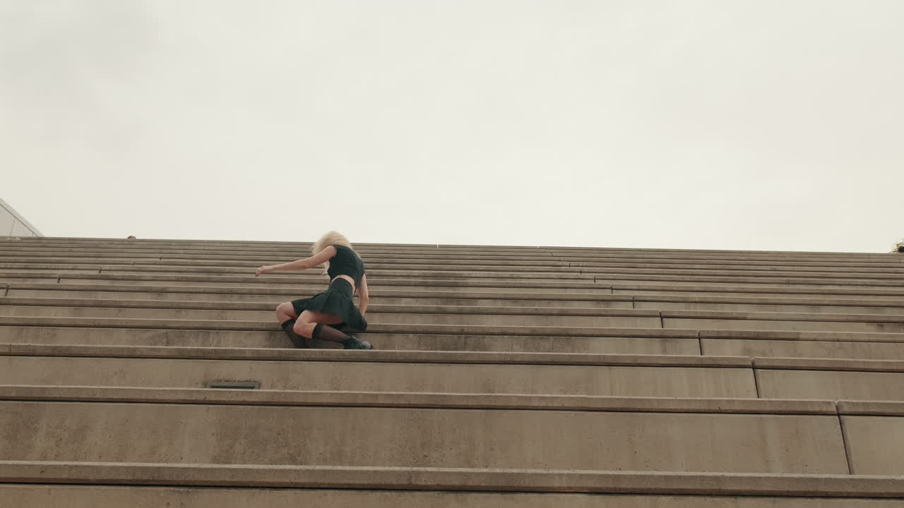 Jovem Mulher Dançando Expressivamente em Grandes Escadas de Concreto