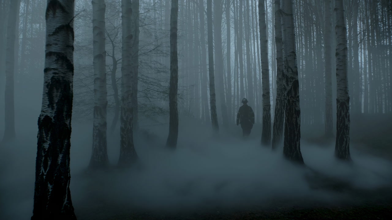 Misty Birch Forest Silhouette Walking Slowly, Cinematic Blue Light, Low Fog Hugging Ground, Slender Trunks