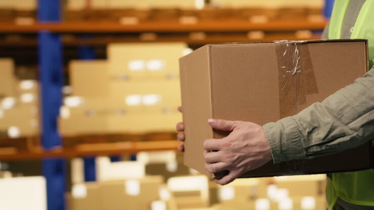 Employee carrying packages, cargo in logistics warehouse, for supply chain