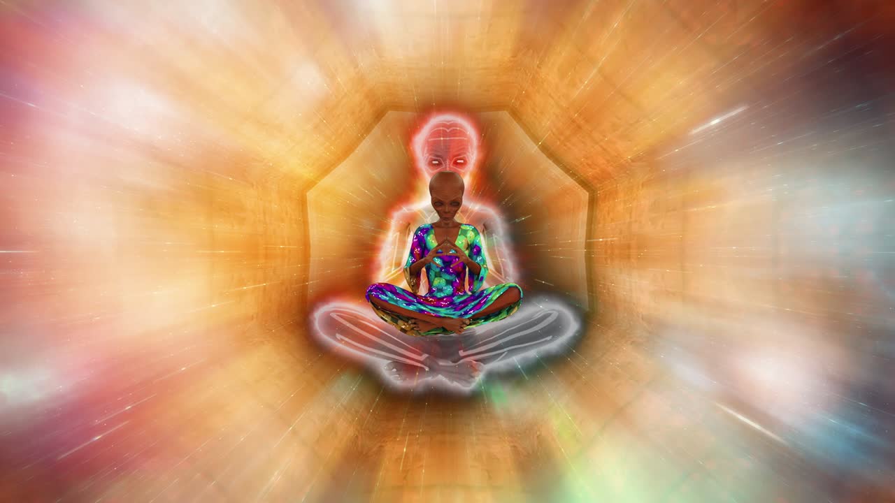 alienígena meditando en un colorido fondo psicodélico