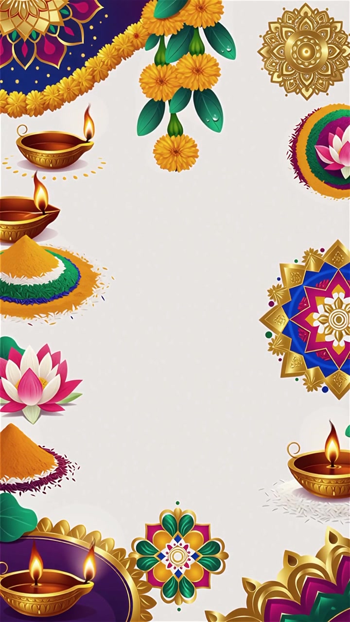 Sfondo Diwali con Diyas luminosi, Rangoli e fiori di loto