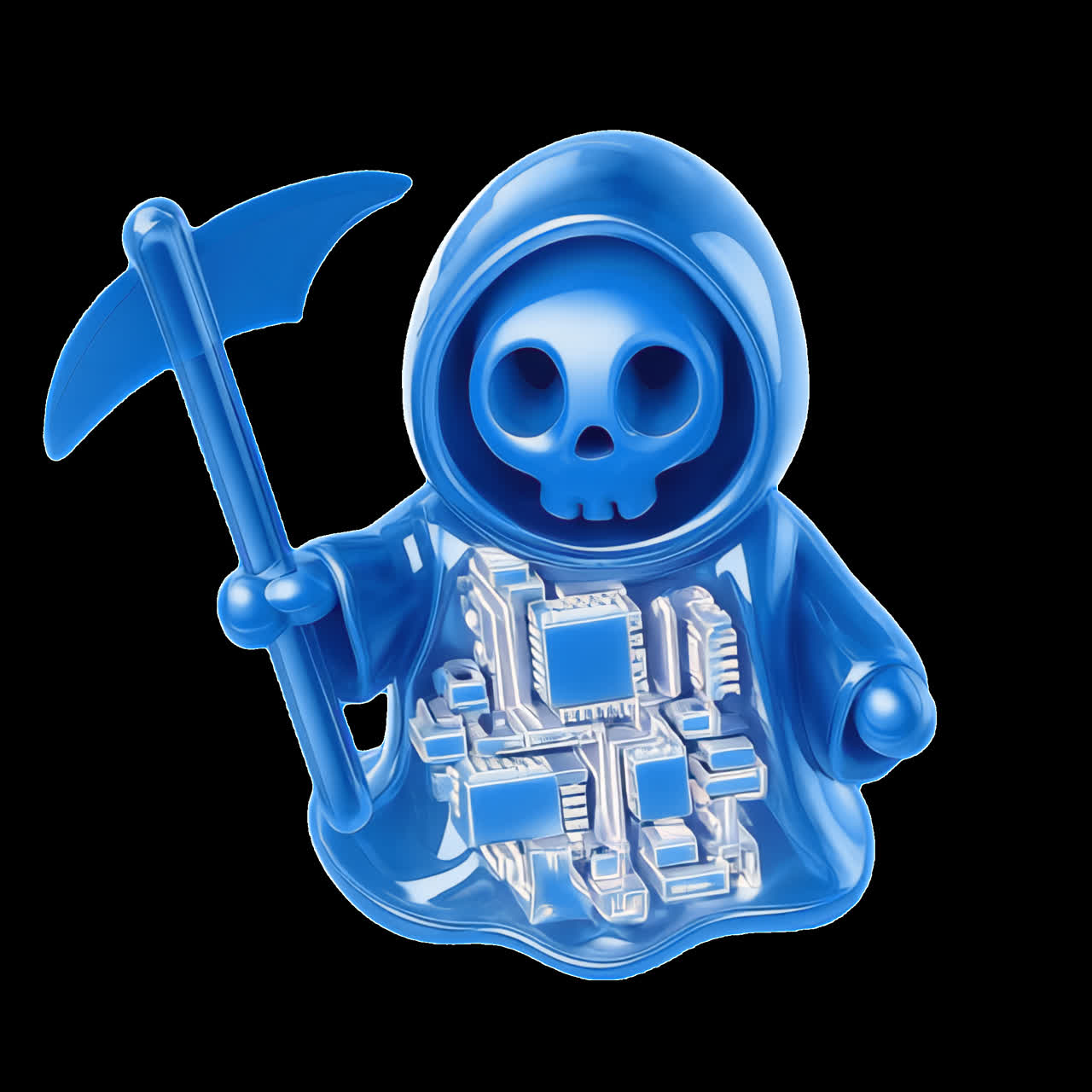 Blue Grim Reaper with circuits animation isolated asset, transparent 4K video, alpha channel, ProRes