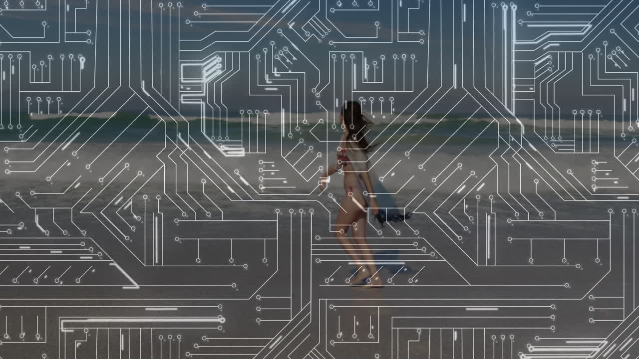 Walking on beach, person with animation of circuit board pattern overlay