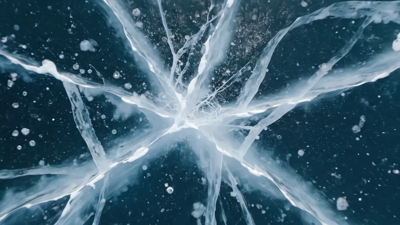 Vista dettagliata di crepe intricate nel ghiaccio trasparente