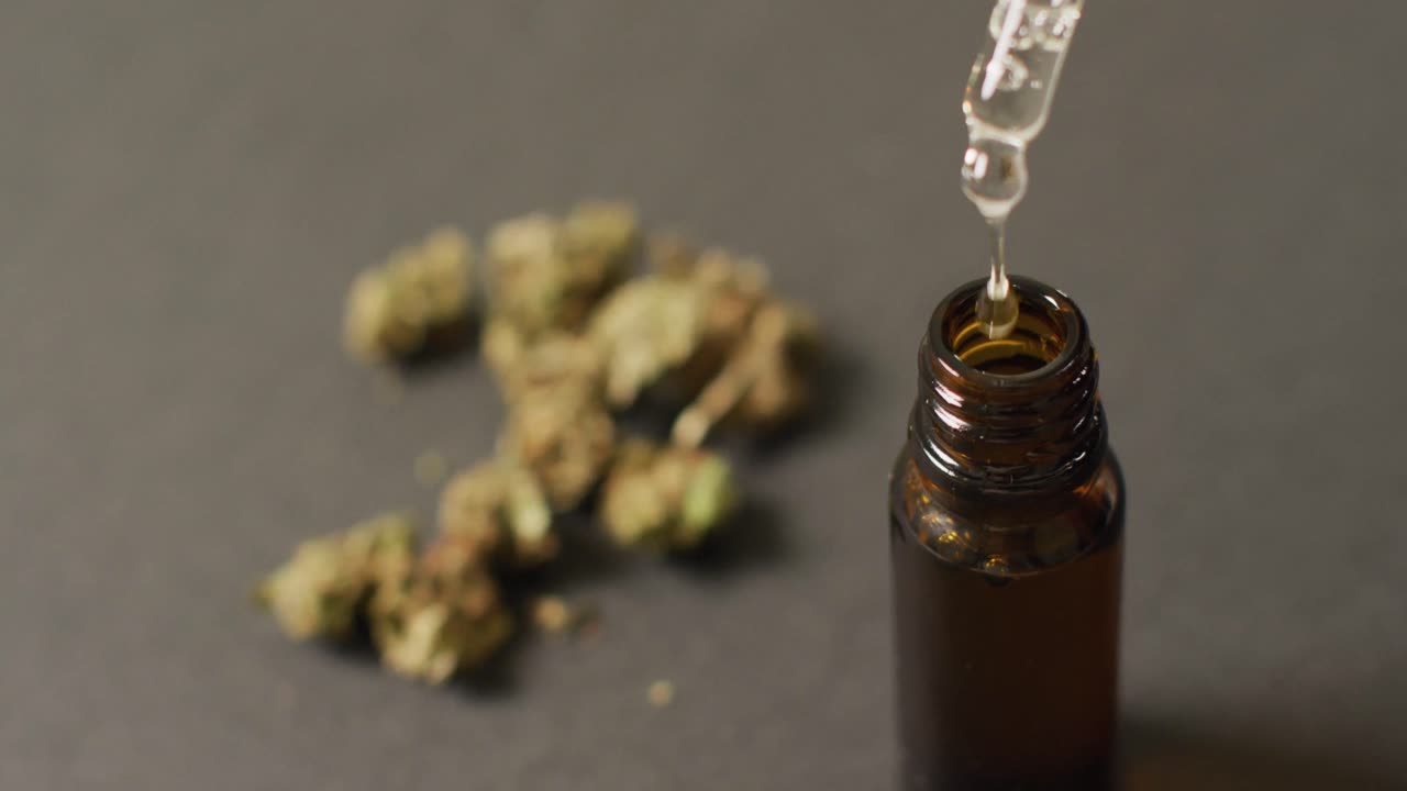 video de hojas de marihuana y una botella de extracto de cbd sobre un fondo gris
