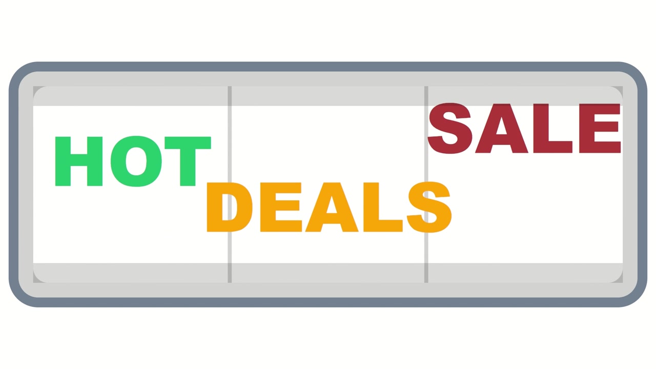 Animazione tipografica di saldi estivi con parole promozionali rotanti tra cui offerte, prezzo, acquista e saldi su sfondo chiaro che crea coinvolgenti elementi visivi di marketing al dettaglio