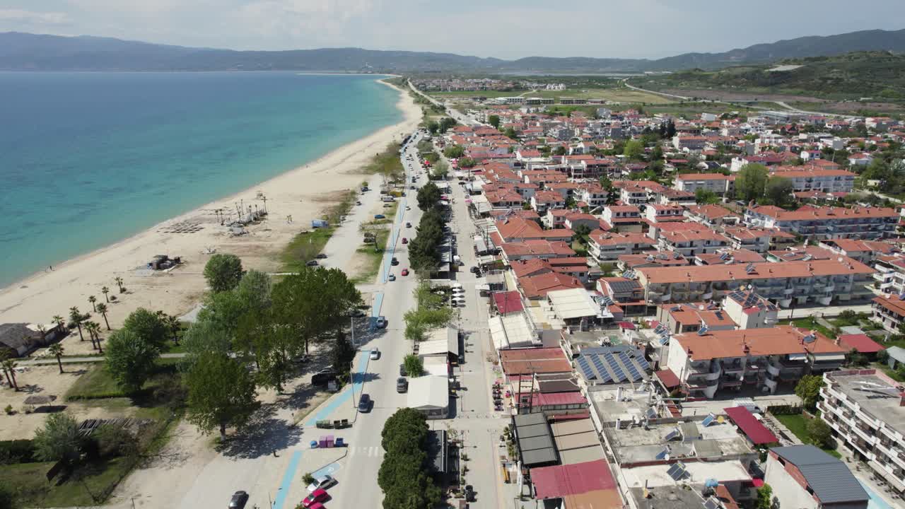 Ofrynio Beach, Tuzla, Seaside Village in Greece, Aerial Dolly Shot, Panoramic View of Building Development Area