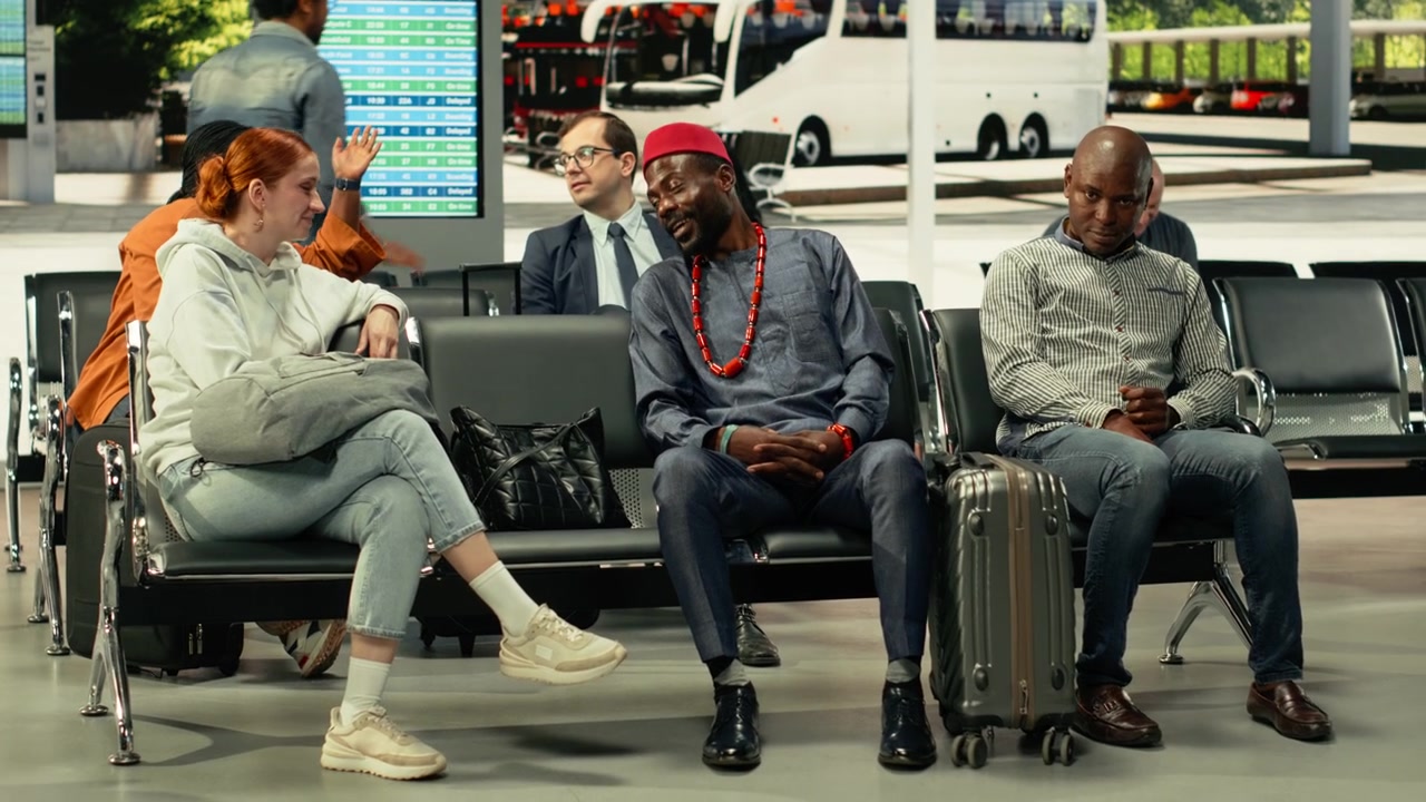 Diverse passengers in busy coach station hall ready for intercity travel