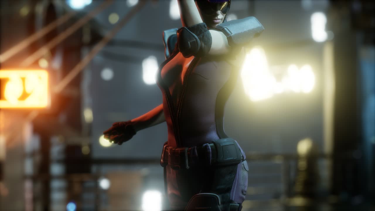 Future woman cyberpunk concept with neon city lights