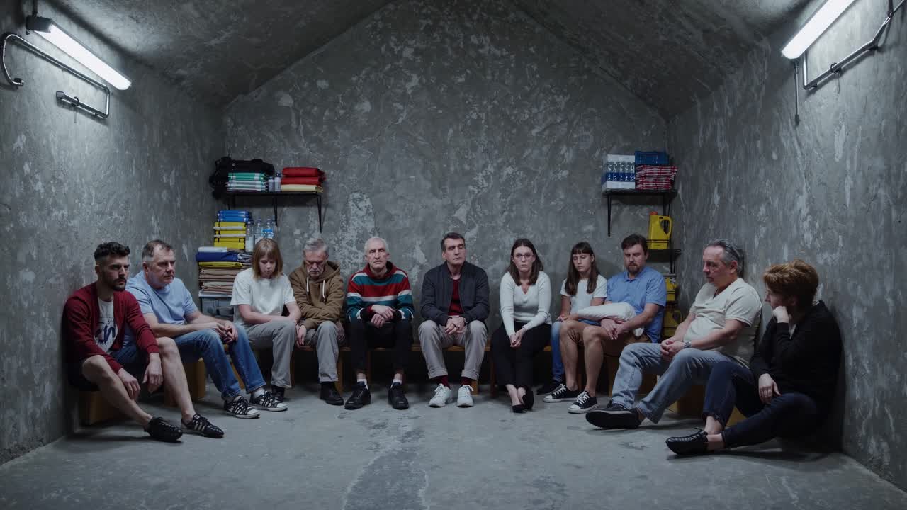 Worried men and women sitting together in a dark underground bunker, seeking refuge from conflict, waiting for rescue with hope and resilience