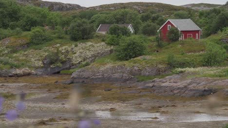 Red-Wooden-Cabin-On-The-Hill-Surrounded-By-Green-Trees-During-Daytime-At-Helgelansdskysten,-Norway