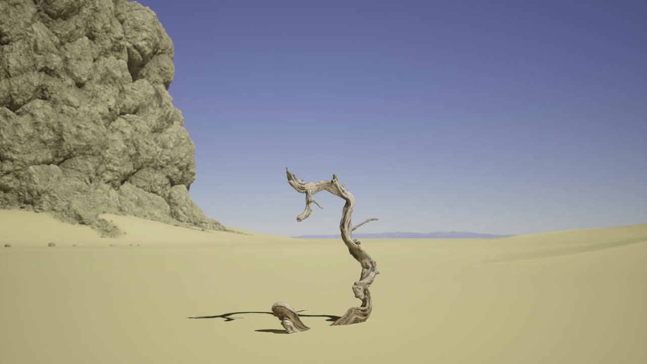 Winding tree branch stands out in arid landscape under clear blue sky