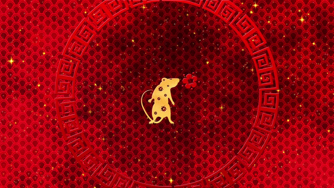 fondo de año nuevo chino rojo con oro, rata, fuegos artificiales, estrellas relucientes 3d rendering bucle 4k. mágica feliz año nuevo animación