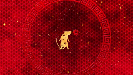 red chinese new year background with gold, rat, fireworks, glittering stars 3d rendering loop 4k. magical happy new year animation