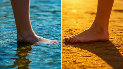 a captivating transformation: the journey from water to sand through bare feet at sunset, highlighting nature's beauty and tranquility
