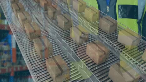 animation of a warehouse worker standing with boxes lying on conveyor belts in the background