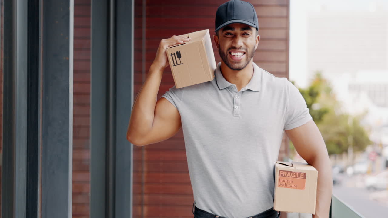 Delivery man, smile and holding boxes