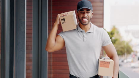 Delivery-man,-smile-and-holding-boxes