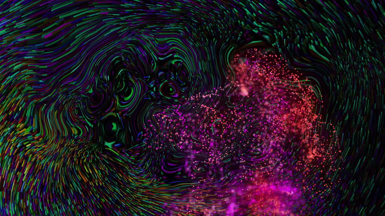 Animation of glowing pink mesh moving over waving multi coloured background