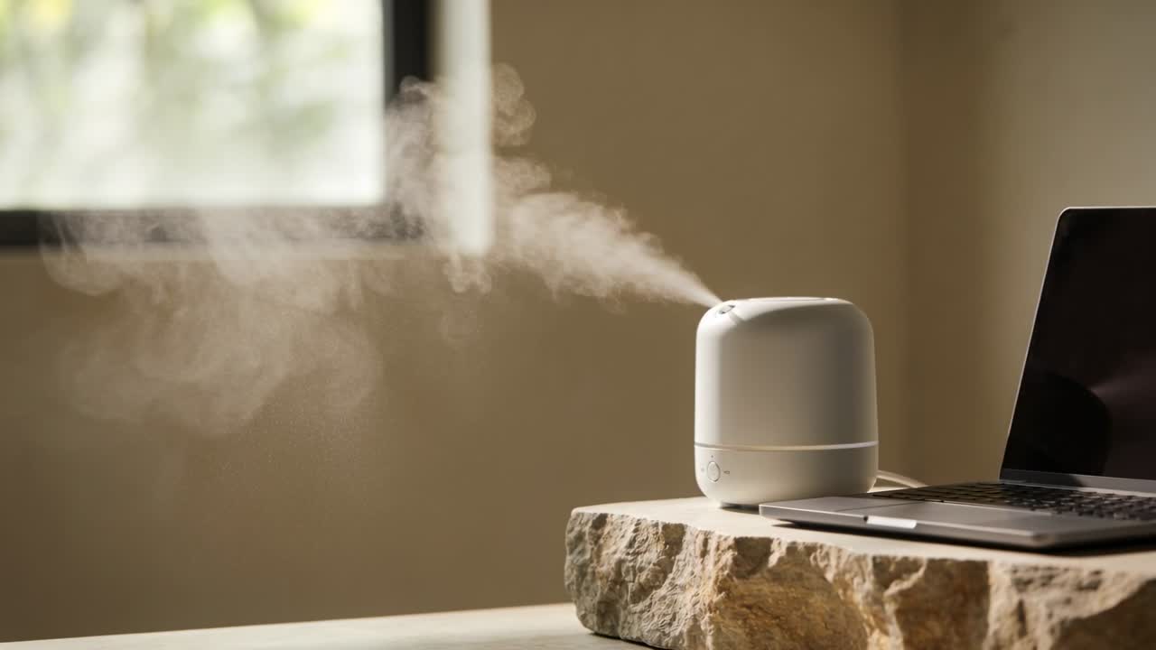 Vidéo verticale : Diffuseur se mettant en marche, émettant une brume constante sur une table vers la fenêtre, un ordinateur portable pour le bien-être.