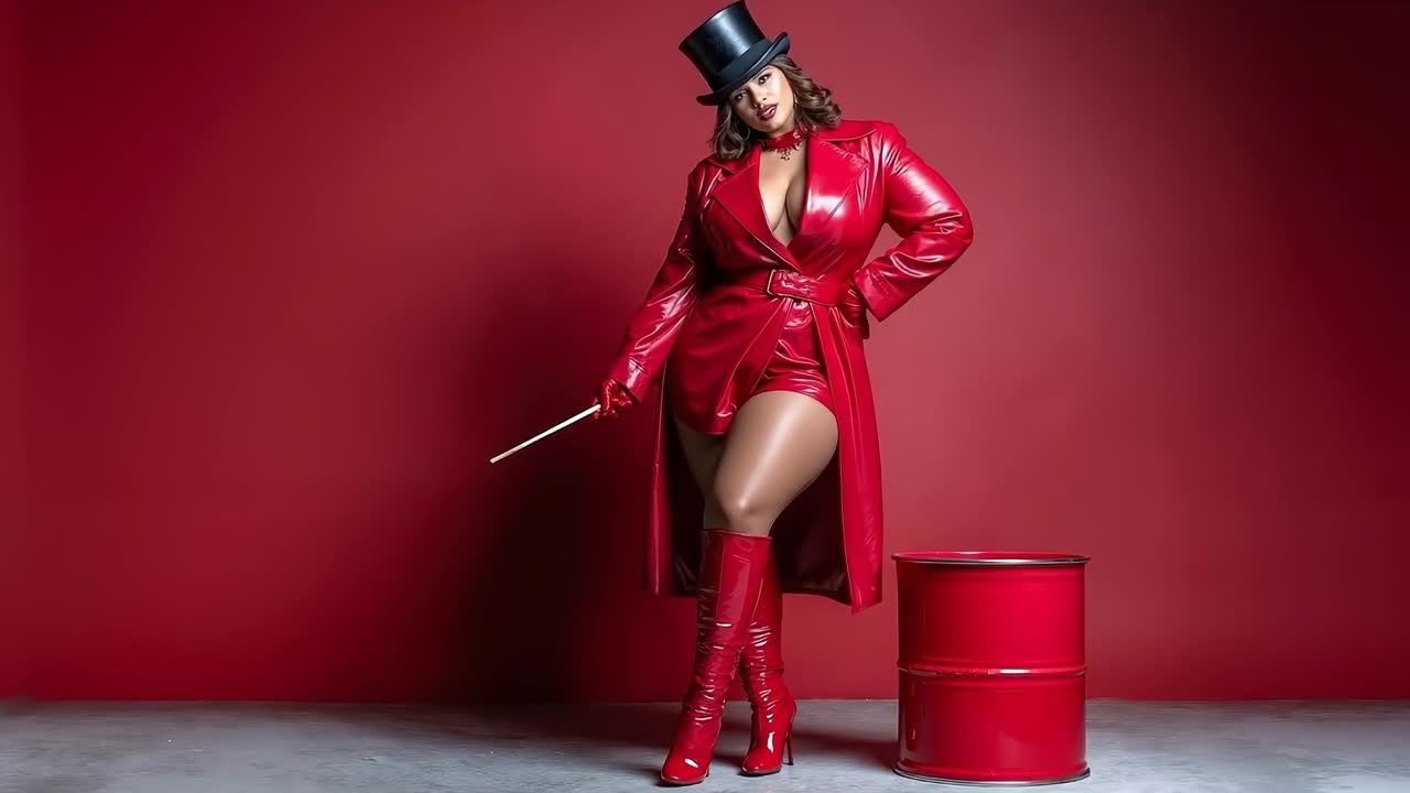 A woman in a red latex outfit and top hat standing next to a red barrel