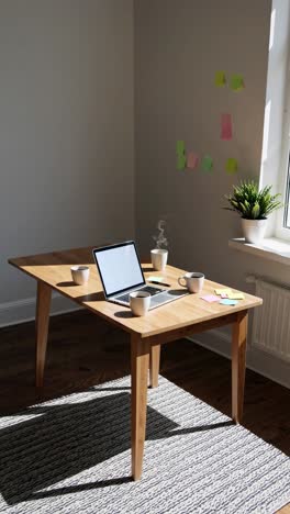 sunlit workspace with a laptop and coffee cups on a wooden table