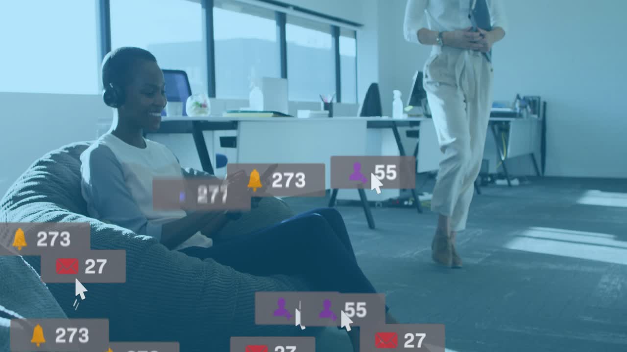 Vertical video: Seated woman using phone in office peer walking causing rising likes shares for ads