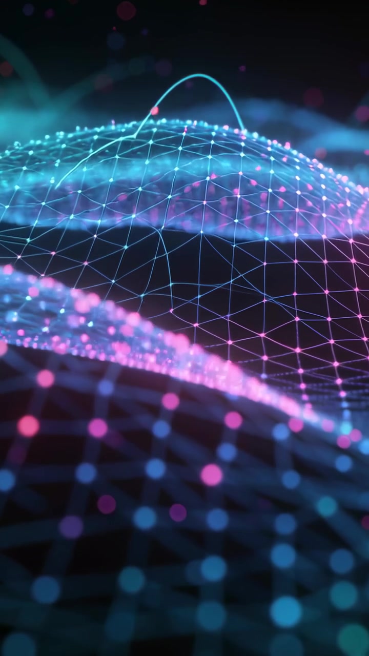 Vertical video: Starting neon grid undulating in void, nodes pulsing, cyan arc revealing depth