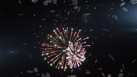 multiple snowflakes icons floating and fireworks exploding against black background