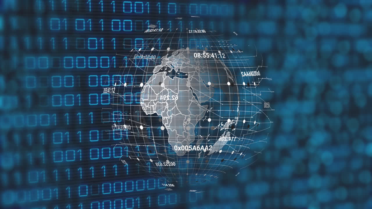 Animation of spinning globe over binary coding data processing against blue background