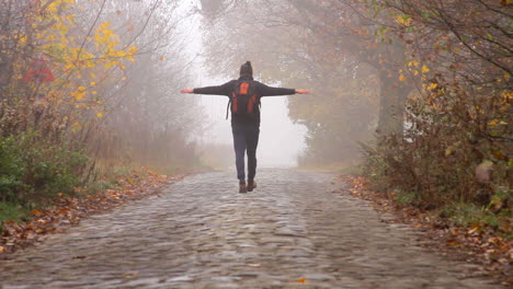 a man is walking on a stone paved road during a foggy misty morning