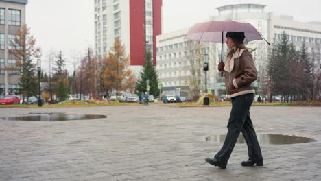 female holding umbrella while walking calmly in black knit cap, brown shearling jacket, and black trousers on cold overcast day with light snowfall, surrounded by evergreen trees and urban buildings