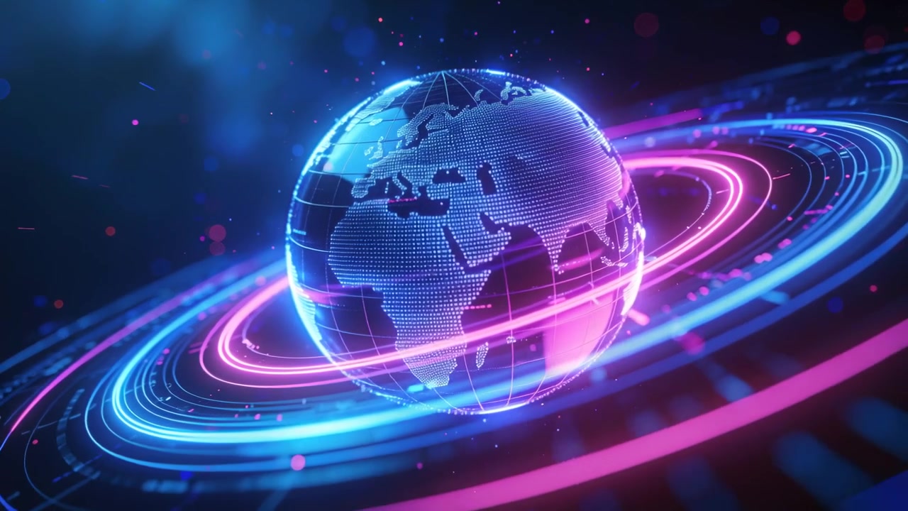 Telecamera che si inclina e si avvicina con lo zoom mentre un globo a matrice di punti ruota nello spazio 3D con anelli pulsanti