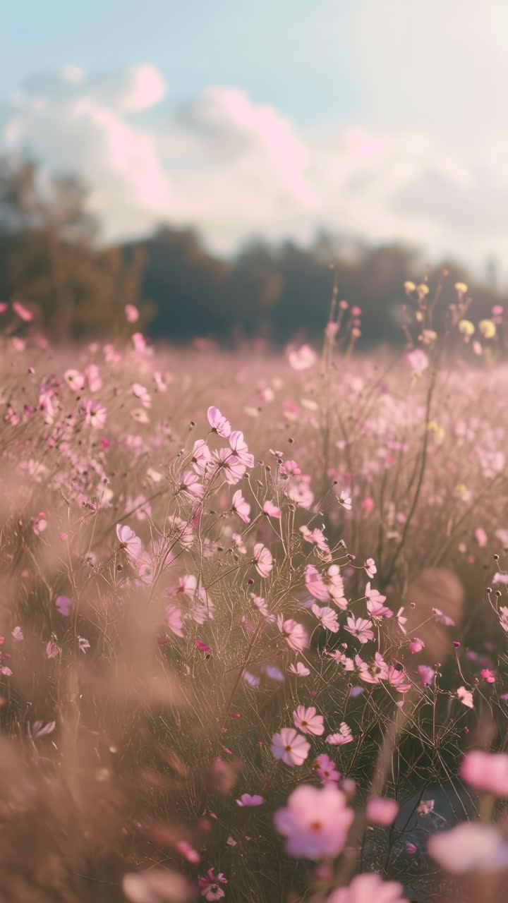 A dreamy, low-angle video of a wildflower field at sunset, capturing soft pink hues and gentle