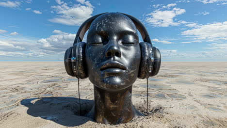 antiguas cabezas de piedra en un entorno desértico distópico con auriculares hechos con arte generativo
