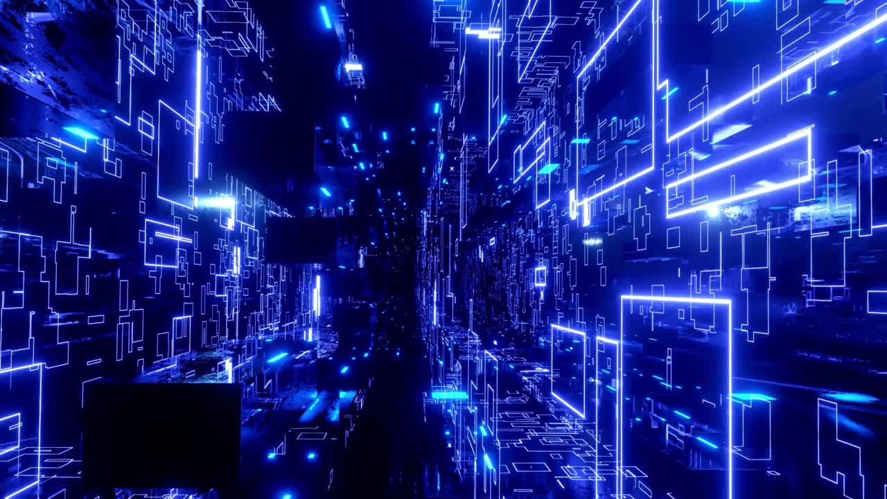 sci-fi blue hologram. Flight through hi-tech technology tunnel with camera shake. Neon light, sci-fi constructions, mysterious 3d objects. Fly through technology cyberspace. 3d almost looped 4k bg