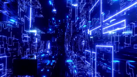 sci-fi blue hologram. flight through hi-tech technology tunnel with camera shake. neon light, sci-fi constructions, mysterious 3d objects. fly through technology cyberspace. 3d almost looped 4k bg