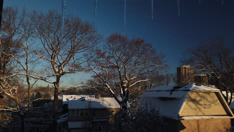 sunny winter morning establishing shot of snow covered rooftops in a residential backyard in toronto