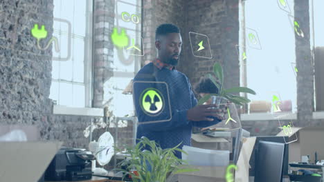 animación de íconos de la ecología sobre diversos colegas que trabajan en la oficina