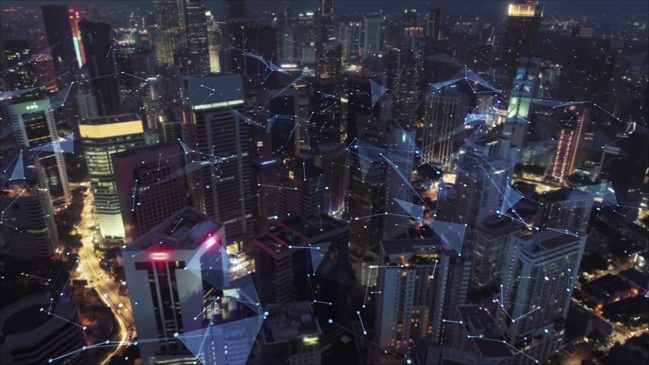 쿠알라 푸르의 디지털 네트워크 연결 라인, 아시아의 스마트 도시에서 금융 지구 및 비즈니스 센터, 밤에 초고층 건물 및 고층 건물.