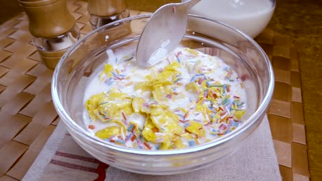 flocos de maíz amarillos crujientes en el cuenco para la mañana un delicioso desayuno con leche. cámara lenta con toma de seguimiento de rotación.