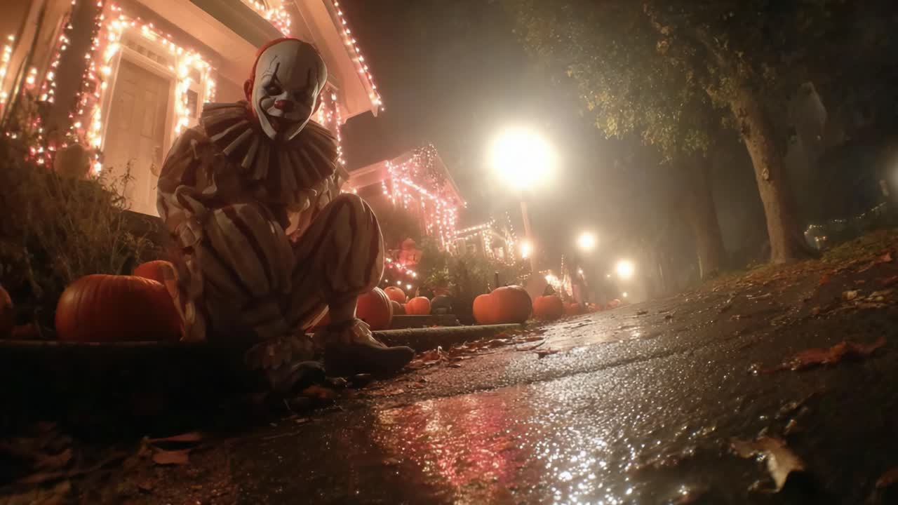 A Mysterious Halloween Evening with a Sitting Clown Surrounded by Pumpkins and Festive Lights on a Foggy Street