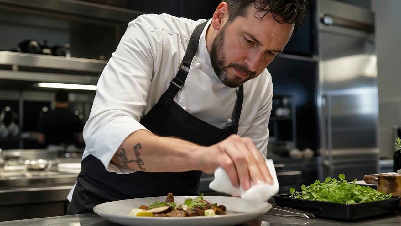 Chef professionista in uniforme bianca che impiattava con cura un piatto gourmet in una cucina di ristorante commerciale.