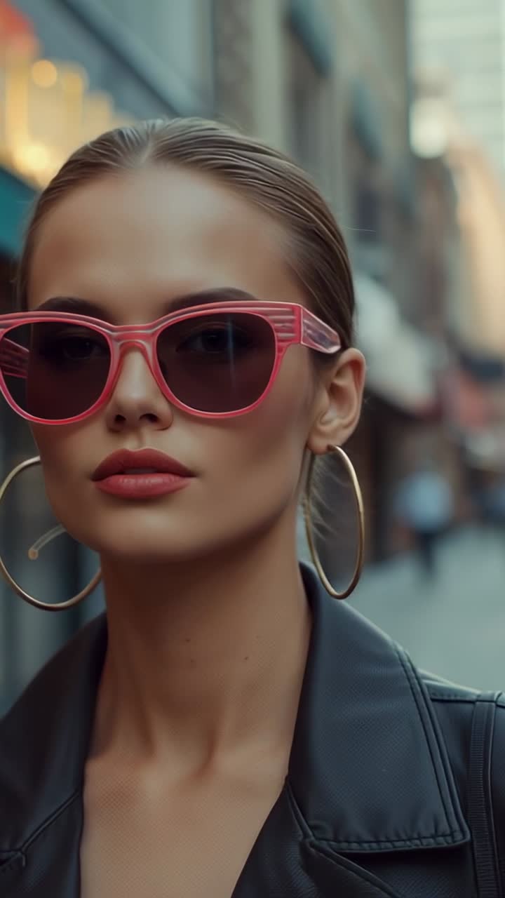 Vertical video: Focusing woman wearing leather jacket pink sunglasses gold earrings walking street
