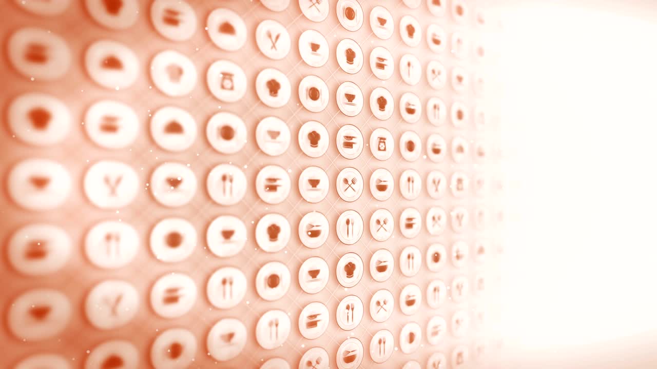 conjunto de iconos de restaurantes, fondo de utensilios de cocina de restaurantes, animación de bucle cg,