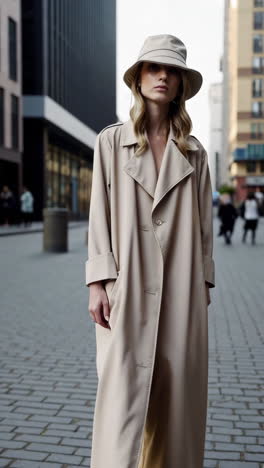 street style portrait: woman in trench coat and bucket hat